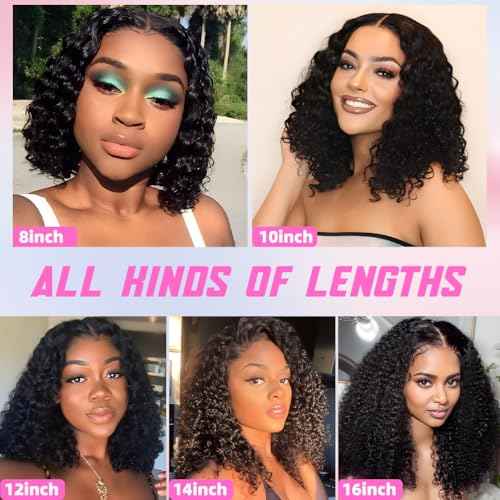 ISWEET HD Glueless Wigs Human Hair Pre Plucked Pre Cut Bob 4x4, 10 Inch #1B Natural Black 210% Density Hairline Curly Bob Wig Human Hair, Wear and Go Deep Wave Lace Front Wigs for Black Women