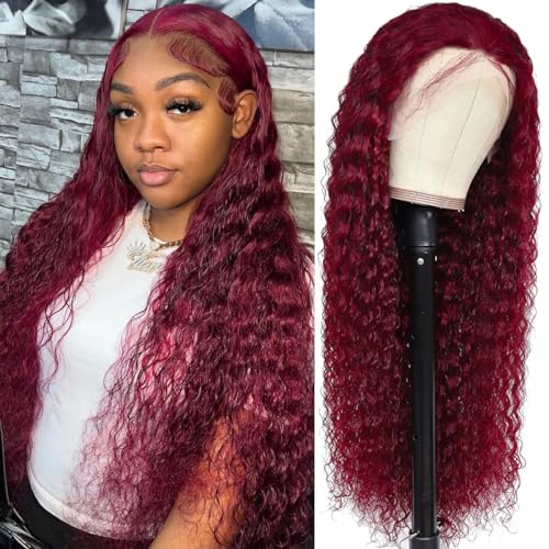 99j Burgundy 13x4 Lace Front Wigs Human Hair Deep Wave HD Transparent Lace Frontal Wig Human Hair 180% Density Glueless Wigs for Women (16inch)