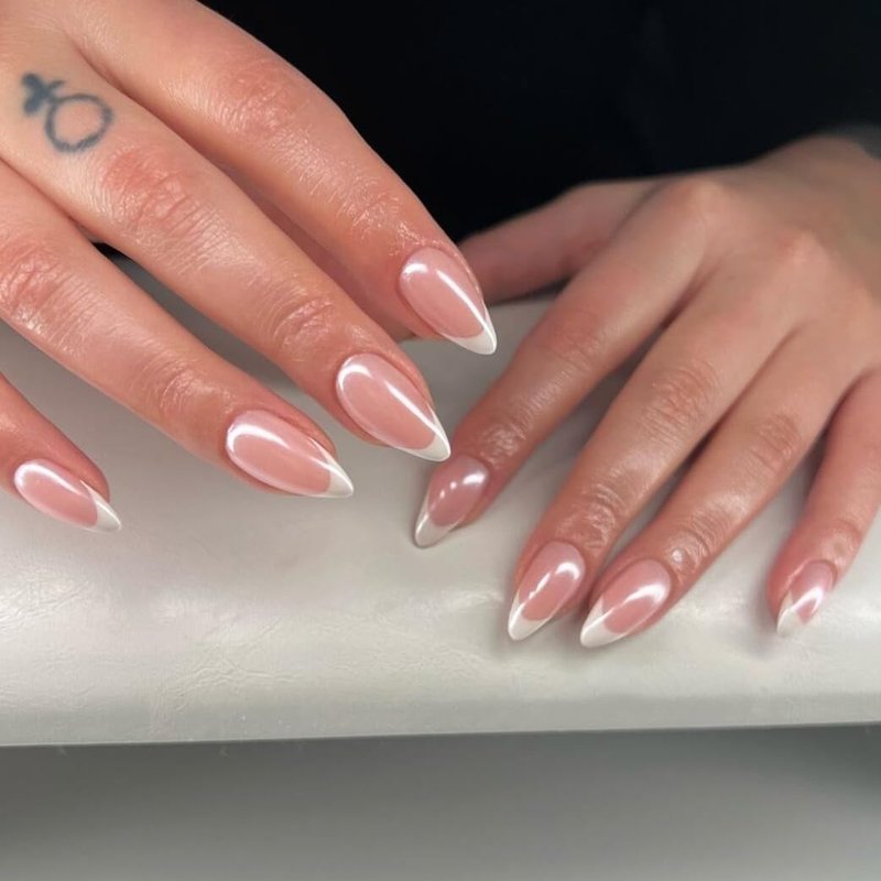 KQueenest French Tip Press-On Nails - Medium Almond Shape | Natural Nude Color, 24 Pcs for Everyday & Weddings