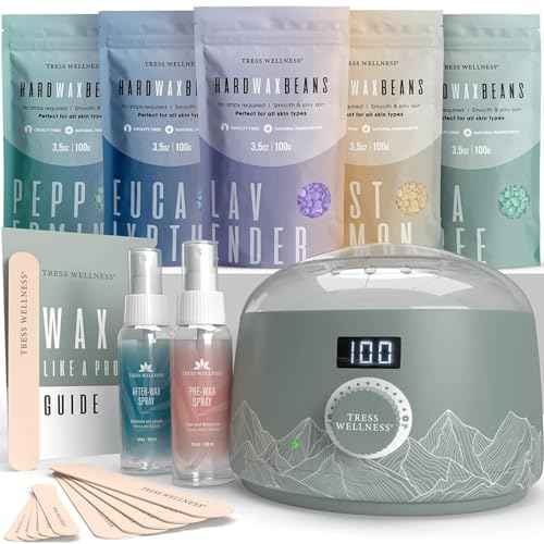 Tress Wellness Waxing Kit for Sensitive Skin ? Safe for Face & Skin, Prep & Aftercare Spray, Easy to Use ? At-Home Kit for Face, Bikini, Brazilian & Full Body - Digital Display, Green Mountain