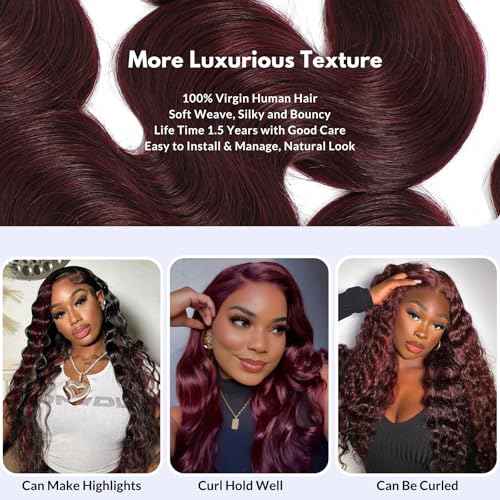 99j Dark Burgundy Body Wave Bundles Human Hair 24 Inch, 12A Soft And Shiny Red Wine Colored Bundles 100% Brazilian Virgin Remy Hair Sew In Weave Single Human Hair Bundle Chic #99j Color