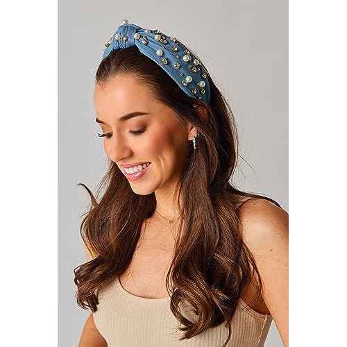 Pearl Knotted Headband for Women White Pearl Rhinestone Crystal Jeweled Embellished Hairband Fashion Elegant Ladies Wide Top Knot Bride Boho Head Band Headpieces Bachelorette Party Hair Accessories