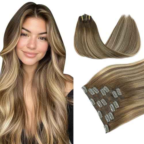PINKPEARL Clip in Hair Extensions Human Hair, Remy Human Hair Clip ins for Women #4/27/4 Chocolate Brown to Caramel Blonde Balayage Clip Hair Extensions 7pcs 120g 18inch(#4/27/4-18)