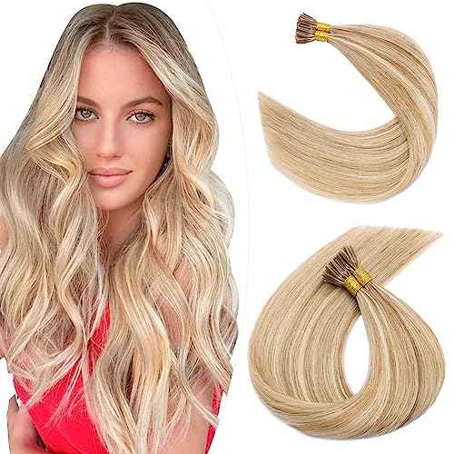 Hairro I Tip Hair Extension For Women Pre Bonded Cold Fusion Keratin Stick Highlight Tipped Hair Pieces Beaded Hair Extensions 22" 100 Strands 50g #12P613 Golden Brown Mix Bleach Blonde