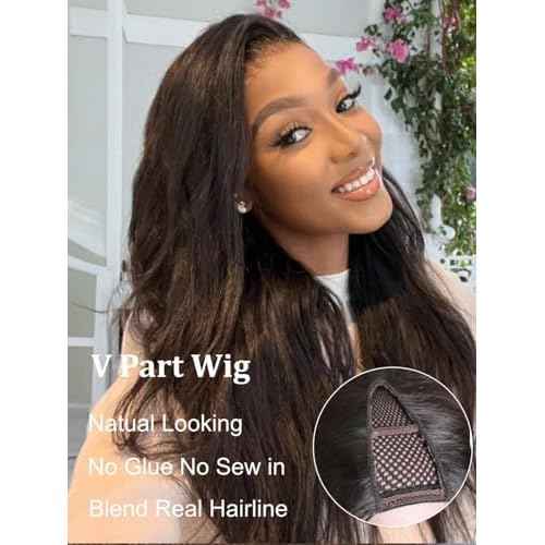 YIROO Hair V Part Wig Human Hair Kinky Straight Wig No Leave Out Upgraded U Part Wigs for Women 12A Yaki Straight Glueless Wear And Go V Shape Clip in Wigs Beginner Friendly 150% Density 16 Inch