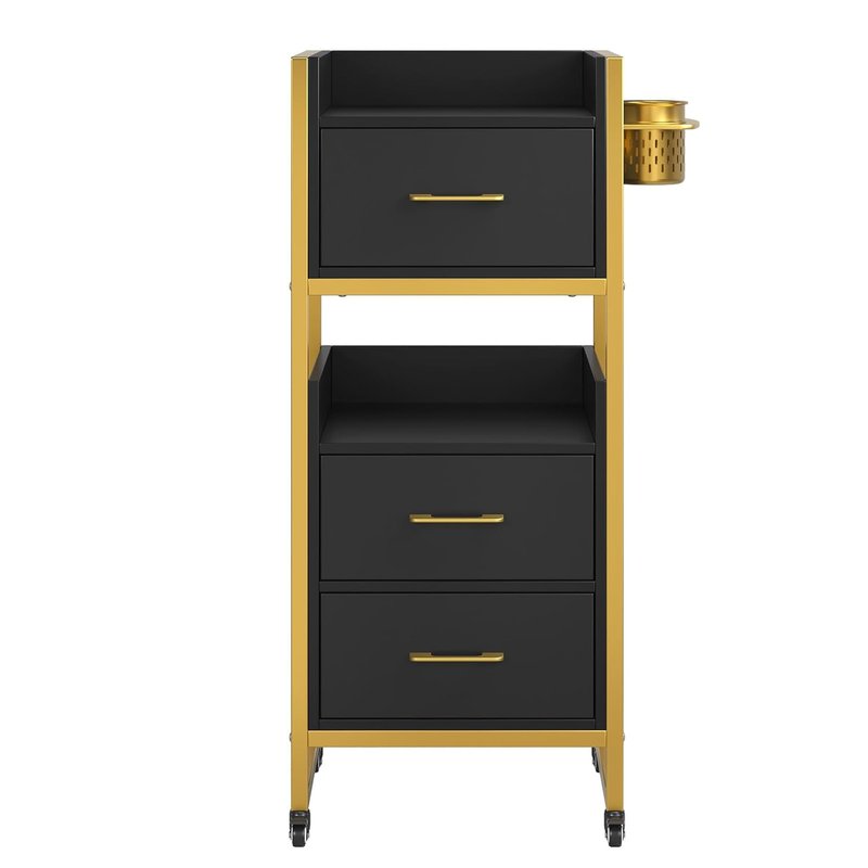 OmySalon Salon Trolley Cart - Mobile Hair Styling Station with 3 Drawers & Tool Holders | Black