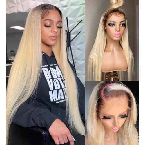 Smartinnov Ombre Blonde Lace Front Wig 13x4 HD Transparent Human Hair 16 Inch with Natural Black Root Pre Plucked with Baby Hair 150% Density Lace Frontal Wigs Bleached Knots for Women