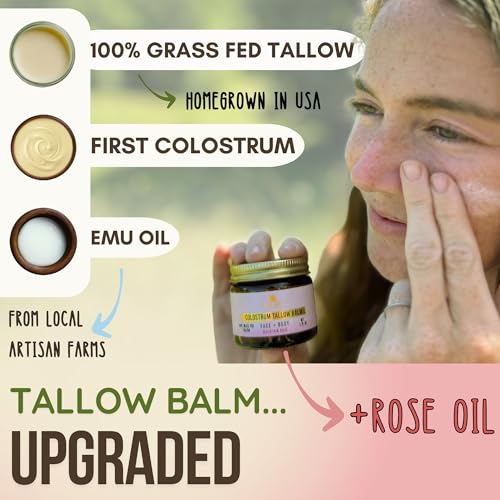 100% Grass Fed Tallow Balm with First Colostrum, Rose Oil & Emu Oil - Handmade in USA Whipped Beef Tallow for Face and Body, Beef Tallow for Skin Tallow Moisturizer (Mountain Rose) Scent