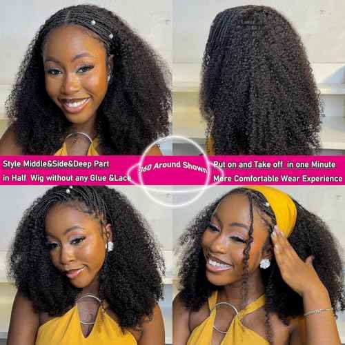 Glueless Half Wigs Human Hair Kinky-Curly Headband Wig Upgrade 3 In 1 Half Wig with Drawstring Seamless Clip Ins Flip Over 200 Density Curly Human Hair Wig For Black Women 16 Inch