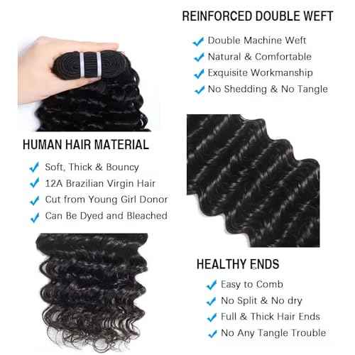 Great Grace 12A Deep Wave Human Hair Bundles 14 16 18 Inch Curly Bundles Human Hair 100% Unprocessed 3 Bundle Brazilian Virgin Human Hair Extensions Quick Weave Natural Black Color