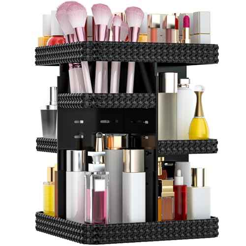 Rotating Makeup Organizer, Large Capacity Cosmetic Display Case, Acrylic Skincare Organizer with Brush Holder, Makeup Storage Organizer for Dresser Countertop and Bathroom Vanity - Black