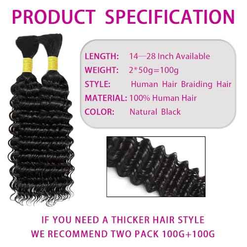 Human Braiding Hair 100g 2 Bundles 26 Inch Deep Wave Bulk Human Hair for Braiding No Weft Bundle 12A Brazilian Virgin Curly Human Hair Extensions for Boho Braids Wet and Wavy Human Hair Braiding Hair