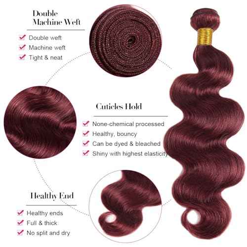 99j Burgundy Bundles Human Hair Body Wave Bundles Human Hair 30 32 34 Inch Wine Red Brazilian Hair 3 Bundle 100 Gram Per Bundle Unprocessed Virgin Remy Hair Extensions For Black Women