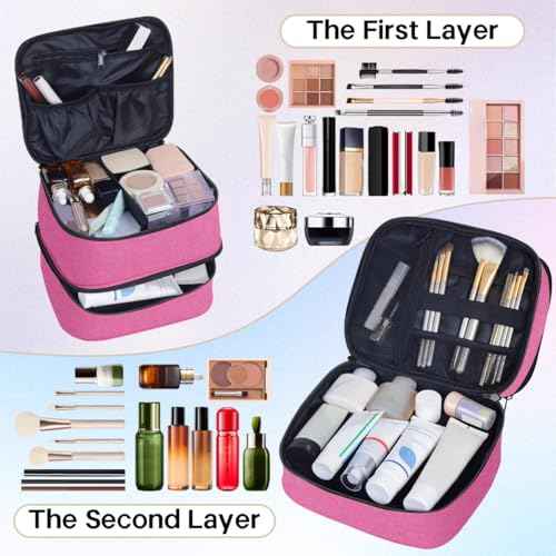 Double Layer Makeup Bag Portable Large Cosmetic Case Organizer with Adjustable Dividers Storage Travel Bag for Accessories Brushes Conditioner and Skin Care Products (Wine)