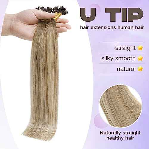 Sindra Keratin Nail Extension Tips Real Human Hair Balayage Darker Brown to Highlighted Blonde 18inch 50 Strand 50G Prebonded Fusion U Tip Hair Extensions Human Hair£¨Utip#3/8/22-18inch£©