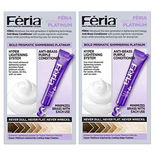 L¡¯Oreal Paris Feria Hyper Platinum Hair Bleach, Lifts Up To 8 Levels, Includes Anti Brass Purple Conditioner, Hyper Platinum Blonde Hair Dye Kit, Pack of 2