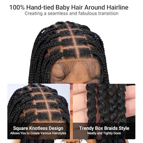 SUPERNOVA 36 Inch Knotless Box Braided Wigs With Baby Hair For Black Women Square Synthetic Hair 13x7 Lace Front Braided Wig And Half Back Double Lace Boho Braids Wig