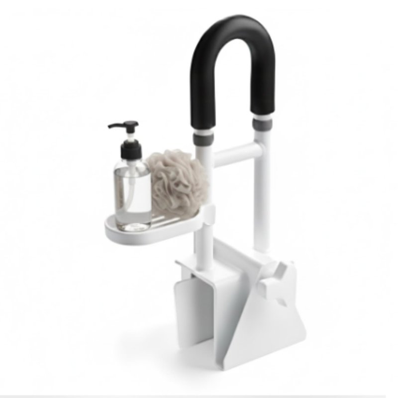 Bathtub Grab Bar Safety Rail for Seniors and Elderly with 300lbs Heavy Duty Iron Support Plus Tool Free Clamp on Shower Handle and Non Slip Bathroom Assist Bar for Side of Tub in White