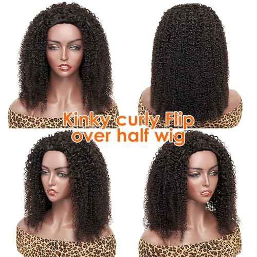 22 Inch Half Wig Human Hair 210 Density Kinky Curly Half Wig 3 In 1 Seamless Flip Over Glueless Wigs Human Hair with Drawstring Beginner Friendly kinkyCurly Headband Wig for Women