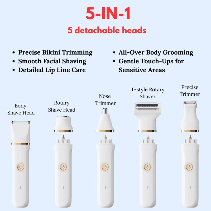 RaysDanc 5-in-1 Bikini Trimmer for Women, Waterproof Electric Shaver & Electric Razor for Women, Cordless Hair Trimmer with 5 Heads, Rechargeable Wet/Dry Use Womens Shaver
