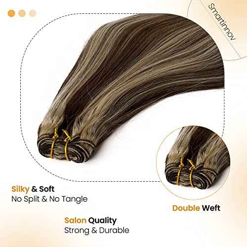 Sew in Weft Hair Extensions Blonde Highlight Human Hair Hand Tied Weft Hair Extensions 20 Inch 100Grams #4/613 Brown Balayage Blonde Double Weft Full Ends Sew in Bundles Hand Tied Weft Hair Extensions