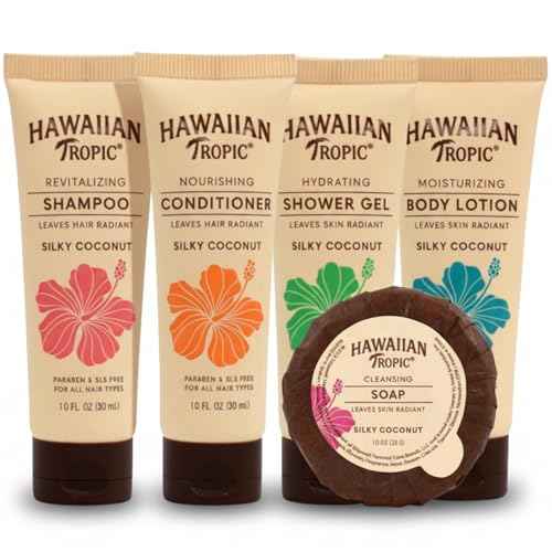 Hawaiian Tropic Silky Coconut 150 Piece Airbnb Essentials for Hosts,Hotel Shampoo & Conditioner Supplies for Guests,Body Wash Lotion & Soap, Travel Size Toiletries,Bulk Mini Sets Kits Soaps Air Bnb