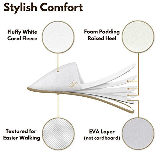 BERGMAN KELLY Spa Slippers, Closed Toe (Medium & Large, 12 Pairs, White + Cocoa Trim), Disposable Indoor Hotel Slippers for Men and Women, Fluffy Coral Fleece, Deluxe Padded Sole for Extra Comfort