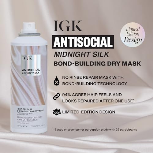IGK Antisocial Midnight Silk Bond-Building Dry Hair Mask ? No-Rinse Leave-In Treatment with Vegan Silk Protein ? Limited Edition Design, 5 oz