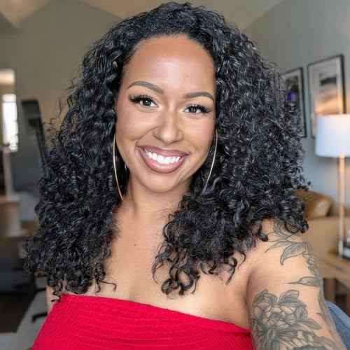 Curly Half Wig Human Hair 180% Density Deep Wave Glueless Wigs Upgrade 3 In 1 Wigs Beginner Friendly Seamless Flip Over Drawstring Curly Wig Ready to Go Headband Wig Natural Black Color 16 Inch
