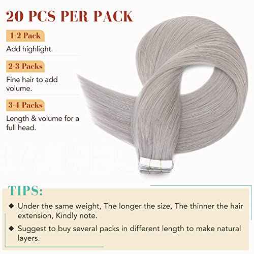 Hairro Tape In Hair Extensions Human Hair Remy Tape On Extensions Adhesive Skin Weft Tape In Hair Natural Glue in Hairpieces Full Head Grey Remy Tape Extensions 18 inch 50g 20pcs #GREY