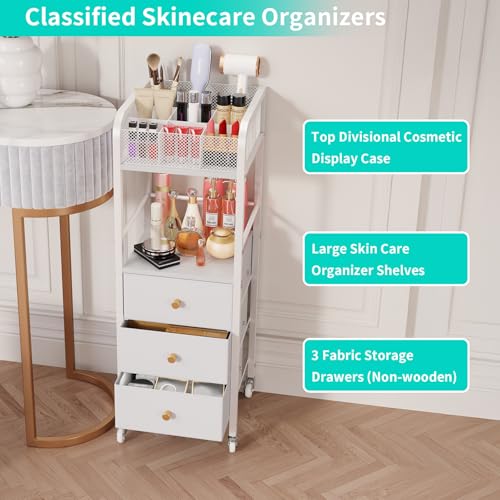 HapiRm Rolling Makeup Cart Organizer - Floor Skincare Make Up Storage with 3 Non-woven Fabric Drawers, Vanity Organizer Cosmetic Display Cases Holder for Skin Care Perfume Nail Polish Brush Hair Tool