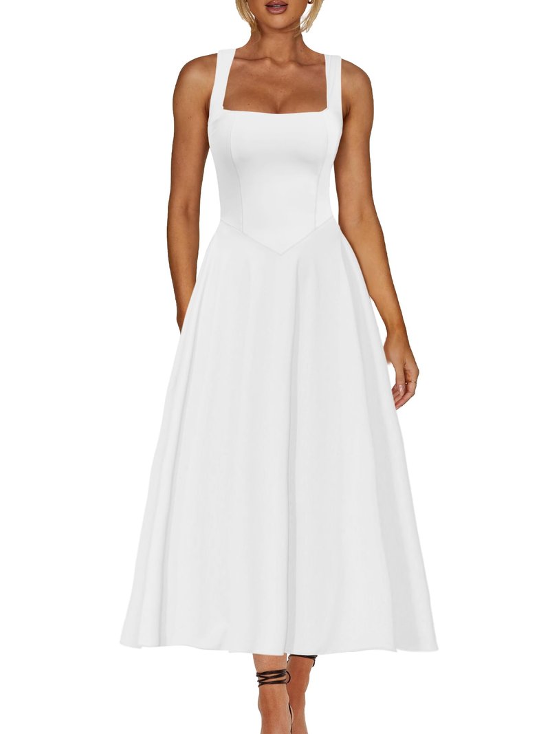 Kaximil Women's Square Neck Sleeveless A Line Maxi Dress Smocked Ruffle Flowy Casual Long Dresses, Large, White