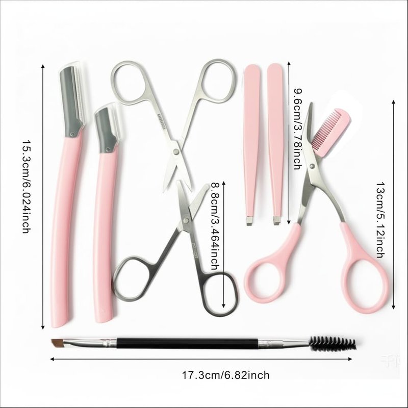 MIQUENYA 8 Pcs Eyebrow Kit, with Small Eyebrow Scissors with Comb,Eyebrow Razor Kit, Eyebrow Tweezers, Stainless Steel Nose Hair Scissors, Double-ended eyebrow Brush,Travel Size or Home, Gifts, Pink