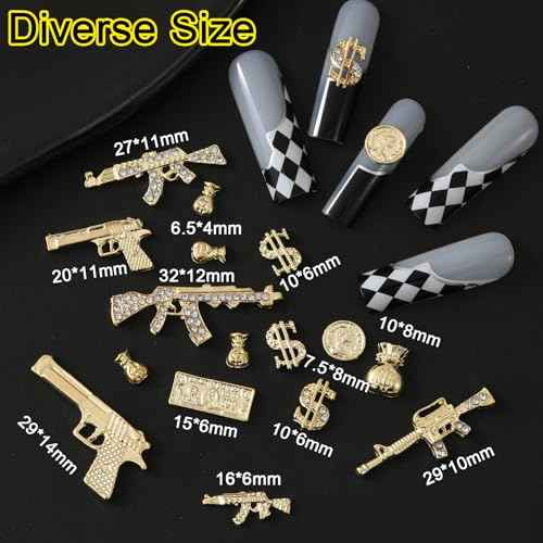 62PCS 3D Nail Charms for Alloy Nails,Set Nail Art Decoration with Gold Dollar, Gun, and Coin,Nail Stones and Jewels Accessories for Nail Supplies Manicure Craft DIY(Gold)