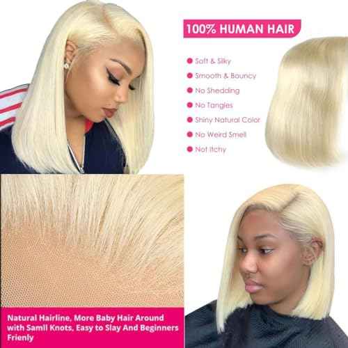 16 Inch Blonde Bob Wig Human Hair Pre Plucked with Baby Hair Straight 613 Bob Wig Human Hair 180 Density 13x4 HD Transparent Lace Blonde Short Wigs 613 Glueless Wigs for Women