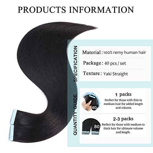40 PCS Tape in Hair Extensions Human Hair Black Women Yaki Straight Tape in Extensions Human Hair 16 Inch Light Yaki Invisible Skin Weft Double Sided Tape Remy Hair Extensions Natural Black Color