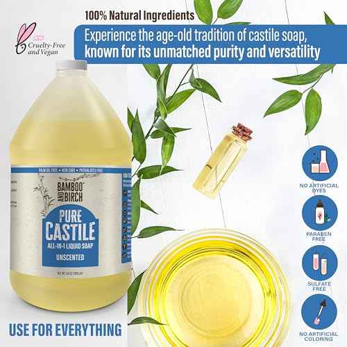 BAMBOO AND BIRCH Pure Castile Soap Liquid, Certified Palm Oil Free Natural Soap, Unscented, 64 oz