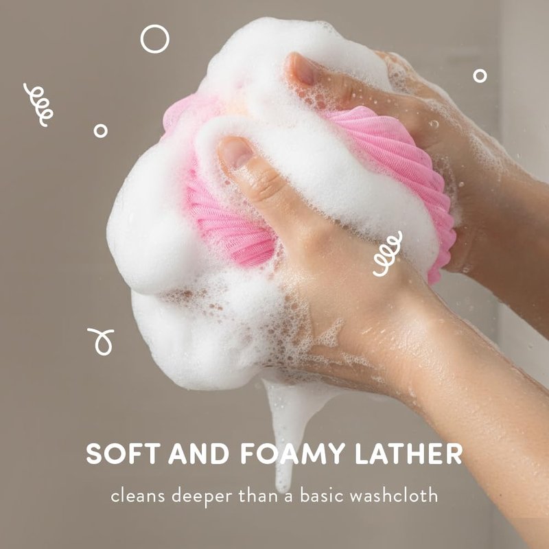 Éclat Mesh Bath Sponge Loofah Ball, Soft Exfoliating Body Scrubber for Wash, Rich-Lather Nylon Net Puff with Quick-Dry Hanging Loop, Gentle Daily Cleanser (Pink/Orange/Green/Grey, 4Pcs)