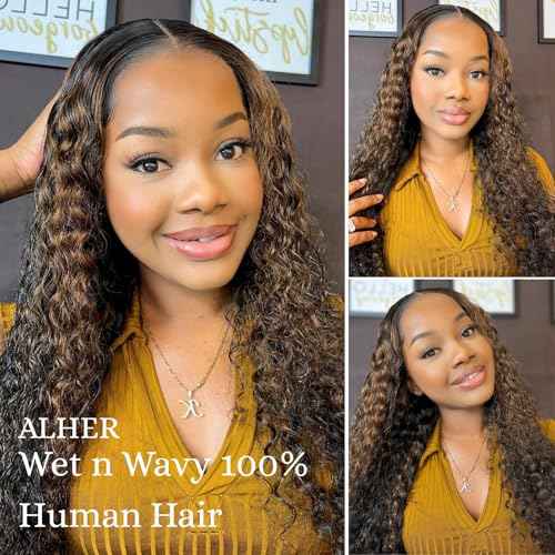 ALHER #F1B/27 Black and Blonde Highlight Water Wave 5x5 Larger Lace Closure, 12A Skunk Stripe Wet n Wavy Free Part Melt Lace, 100% Virgin Remy Human Hair Pre Plucked With Baby Hair 150% Density 18 IN