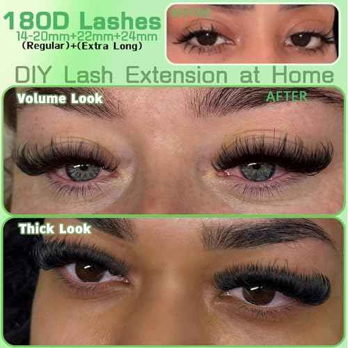 Lash Clusters Kit 14-24mm 180D Volume Clusters Eyelash Extensions 240Pcs Wispy Lashes Waterproof Individual Thick DIY Lashes Extension Kit with Lash Bond & Seal Tweezers, Replacement for Kmilro