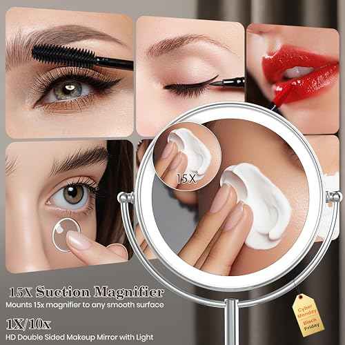 VESAUR Upgraded 11" Large 17" Tall Lighted Makeup Mirror Silver, 1X/10X Dual-Sided Magnifying with 15X Suction Mirror, 3 Color Adjustable Lights, 360¡Æ Swivel Dual Power Vanity Mirror, Gift Box