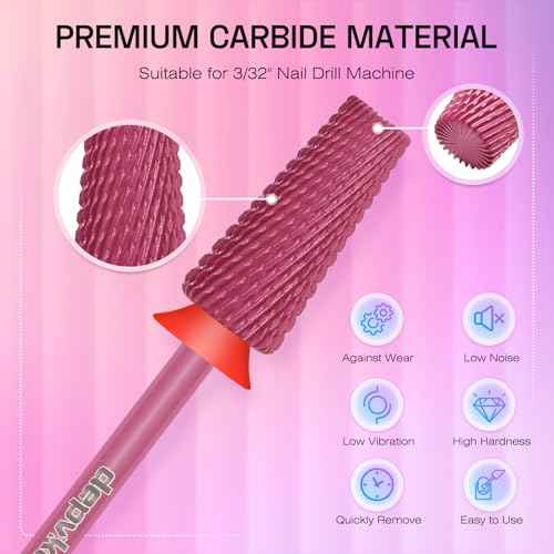 Depvko 5 in 1 Nail Drill Bits, 3/32" Carbide Tungsten Nail Bits for Nail Drill, Professional Two Way Rotate Gel Remover Drill Bit for Manicure Pedicure (Classic 5in1-Red, Fine-F)