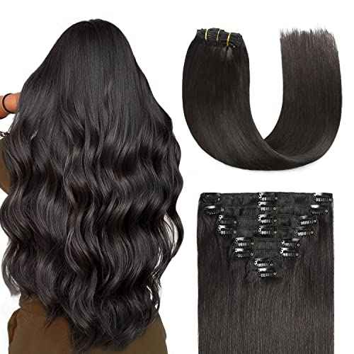 Sunya Real Human Hair Clip-in Extensions - Natural Black, Double Weft, Straight, 20 Inch #1B, 8pcs/120g