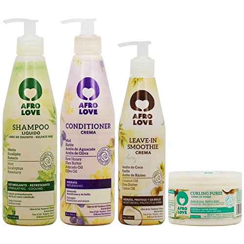 Afro Love Curly Hair Care Set, Shampoo and Conditioner (16oz), Leave-In Smoothie Crema & Curling Puree (8oz) ? Sulfate-Free, Paraben-Free, Shea Butter & Coconut Oil ? For Curly, Kinky & Coily Hair