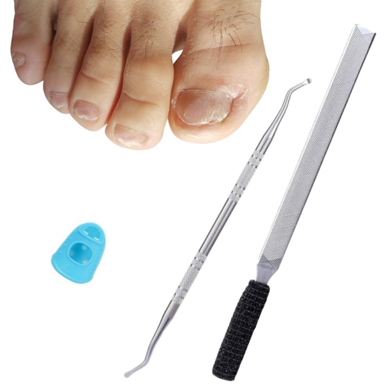 IDOU 3-in-1 Nail File Kit: Heavy Duty Toe Nail Files for Thick Nails & Seniors with Ingrown Lifter, Thumb Guard | Non-Slip Metal Emery Boards for Nails/Silver Lifter