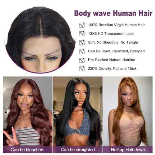 28 Inch 13x6 Lace Front Wigs Human Hair Pre Plucked 220% Density Body Wave HD Lace Front Wigs Human Hair Natural Black Glueless Frontal Wig for Women
