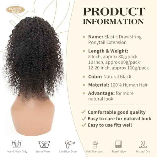 isheeny Natural Black Drawstring Ponytail 100% Human Hair Extension for Black Women 18Inch Voluminous Curly Style