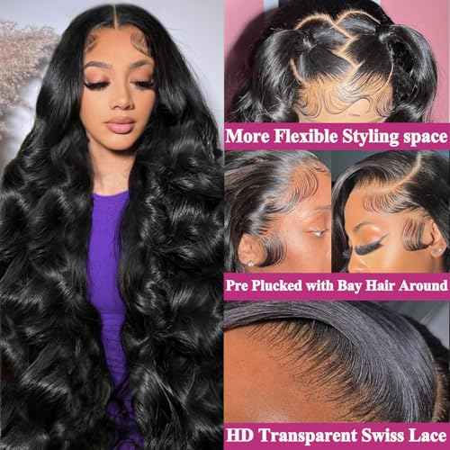 24Inch 13x6 HD Lace Front Wigs Human Hair 200% Density Body Wave Lace Front Wigs Human Hair Lace Front Wigs for Women Glueless Body Wave Wigs Human Hair Pre Plucked with Baby Hair Natural Black