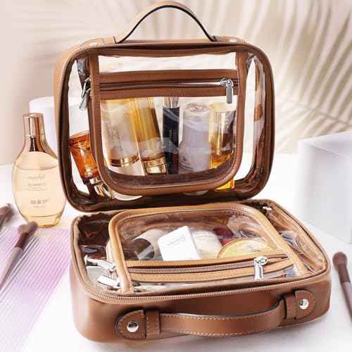 SANHECUN traveling toiletry Case large clear cosmetics case makeup bag Dimensions | LxWxH:10¡± x 4.5¡± x 7.5¡±(Brown, Medium)