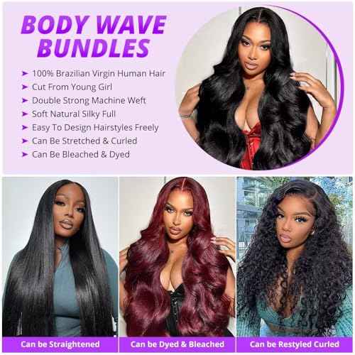 12A Human Hair Bundles 12 14 16 Inch Body Wave Bundles Human Hair 100% Unprocessed Brazilian Virgin Weave 3 Bundle for Women Natural Black Wet and Wavy Human Hair Extensions